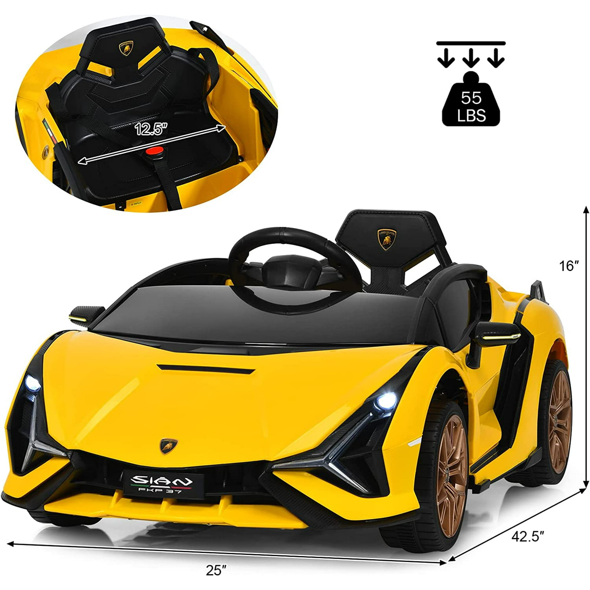 OLAKIDS 12V Licensed Lamborghini Sian Kids Ride On Car with Parent Remote Control, Spring Suspension, MP3 Player, Electric Toy Roadster Carbon Fiber Textured for Toddler (Yellow)