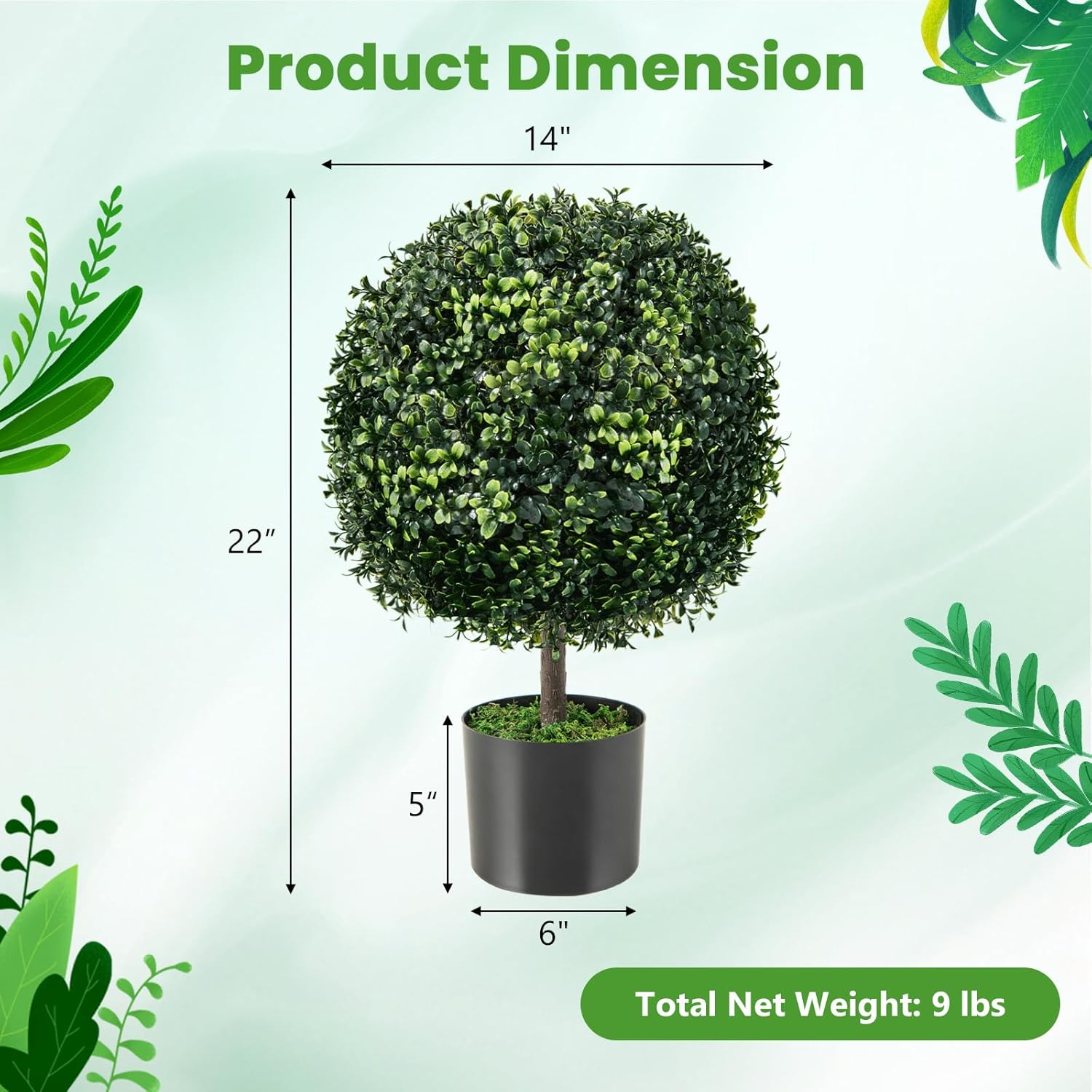 22” Artificial Boxwood Topiary Ball Tree, Set of 2 Faux Potted Plants Artificial Shrubs Bushes with Cement Pot, Fake Evergreen Artificial Topiary for Indoor Outdoor Home Front Porch Decor