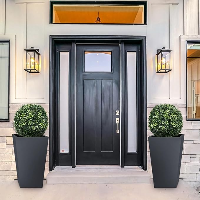 22” Artificial Boxwood Topiary Ball Tree, Set of 2 Faux Potted Plants Artificial Shrubs Bushes with Cement Pot, Fake Evergreen Artificial Topiary for Indoor Outdoor Home Front Porch Decor