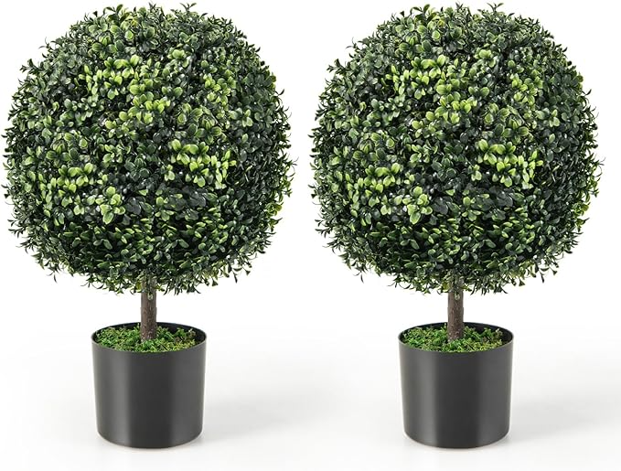 22” Artificial Boxwood Topiary Ball Tree, Set of 2 Faux Potted Plants Artificial Shrubs Bushes with Cement Pot, Fake Evergreen Artificial Topiary for Indoor Outdoor Home Front Porch Decor