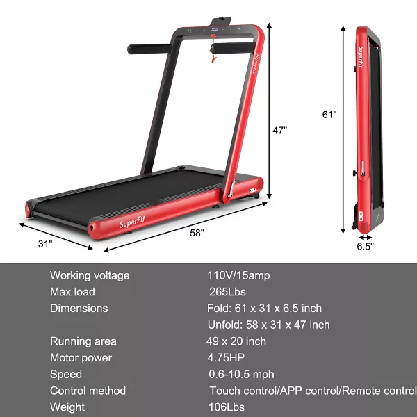 Costway 4.75HP 2 In 1 Folding Treadmill W/Remote APP Control Red
