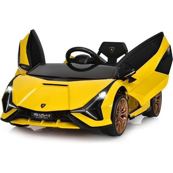 OLAKIDS 12V Licensed Lamborghini Sian Kids Ride On Car with Parent Remote Control, Spring Suspension, MP3 Player, Electric Toy Roadster Carbon Fiber Textured for Toddler (Yellow)
