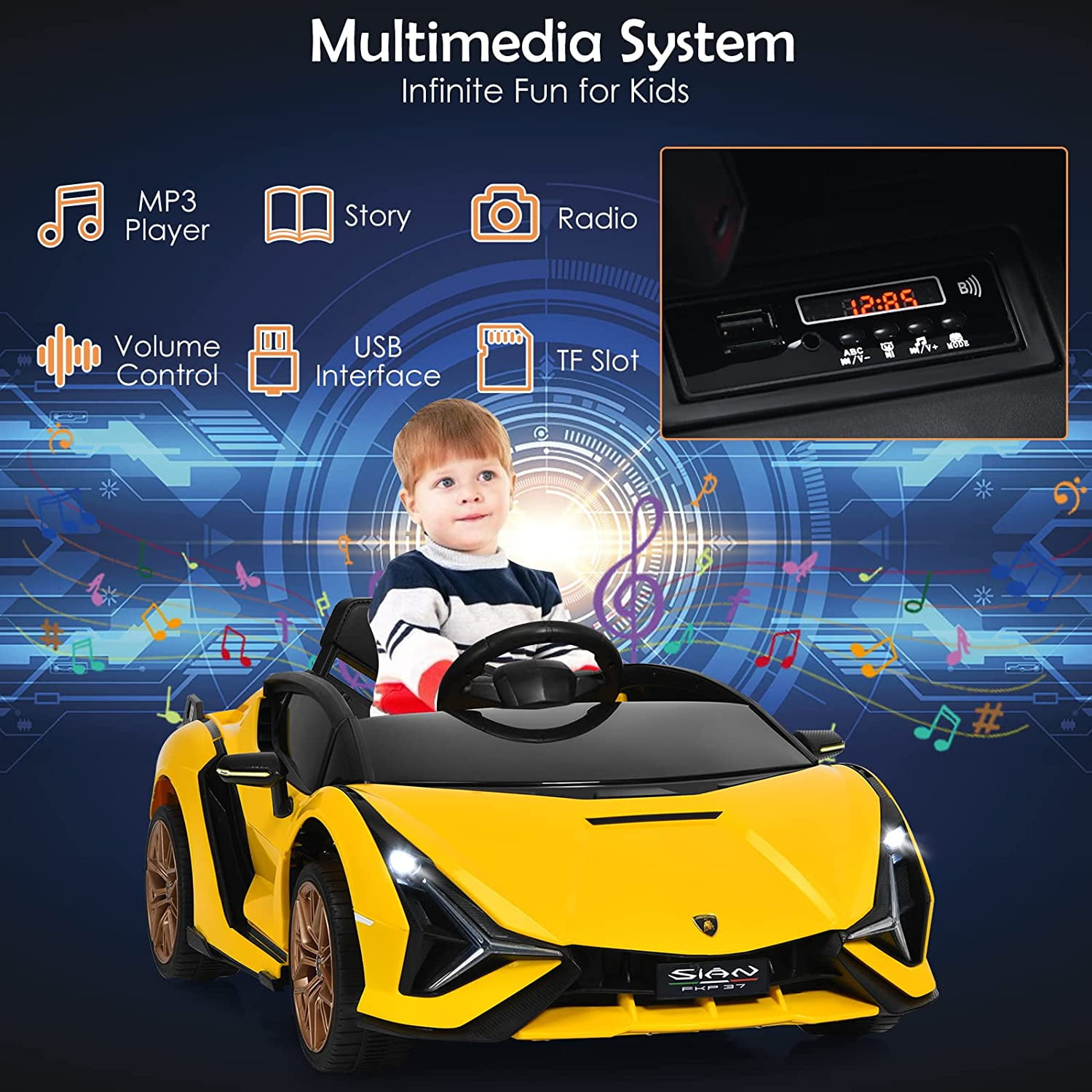 OLAKIDS 12V Licensed Lamborghini Sian Kids Ride On Car with Parent Remote Control, Spring Suspension, MP3 Player, Electric Toy Roadster Carbon Fiber Textured for Toddler (Yellow)