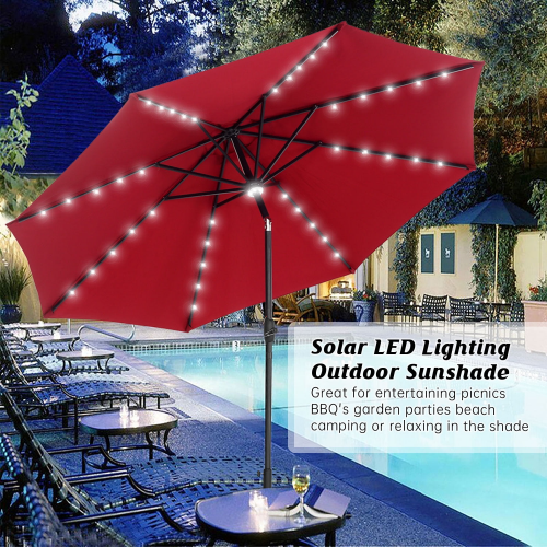 Autlaycil 10 FT Patio Umbrella with Steel Tilt and Crank, 8 Strip Lights Includes 64 Solar LED Lights, Red