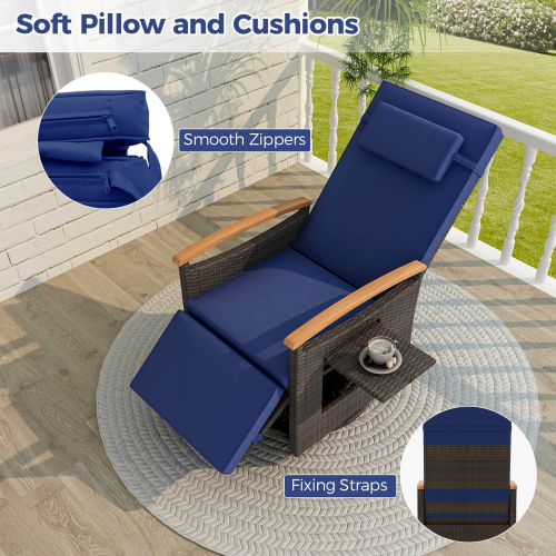 Costway Outdoor 360° Swivel Rattan Recliner Chair Patio Wicker Chaise Lounge Chair Navy