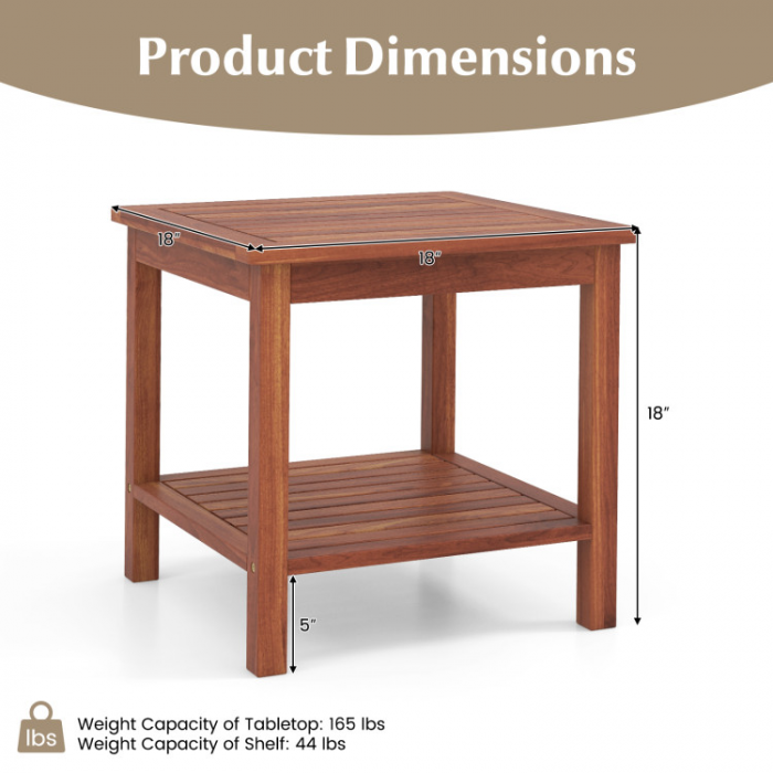 Double-Tier Acacia Wood Patio Side Table with Slatted Tabletop and Shelf - Image 2