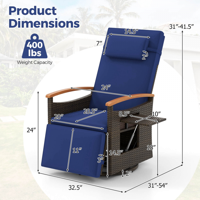 Costway Outdoor 360° Swivel Rattan Recliner Chair Patio Wicker Chaise Lounge Chair Navy - Image 2