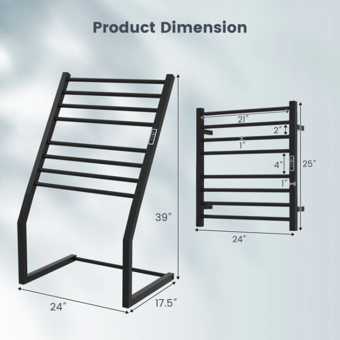 8 Bars Freestanding Wall Mounted Towel Warmer Rack Heating Black W/ LED Display - Image 2